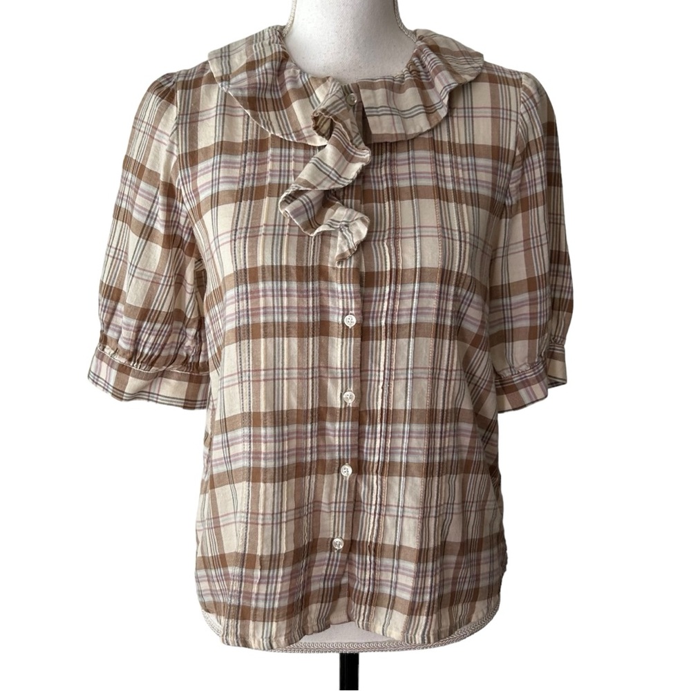 Trovata Birds of Paradise Women's Ruffle Button Up Cotton Plaid Blouse SZ Small